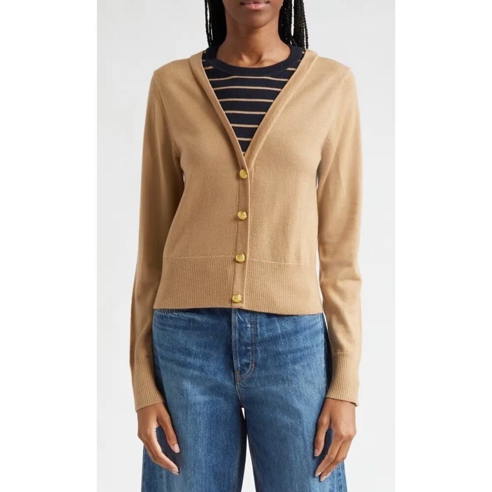 NWT Veronica Beard Enza Merino Wool Gold Button Cardigan Sweater XS Camel